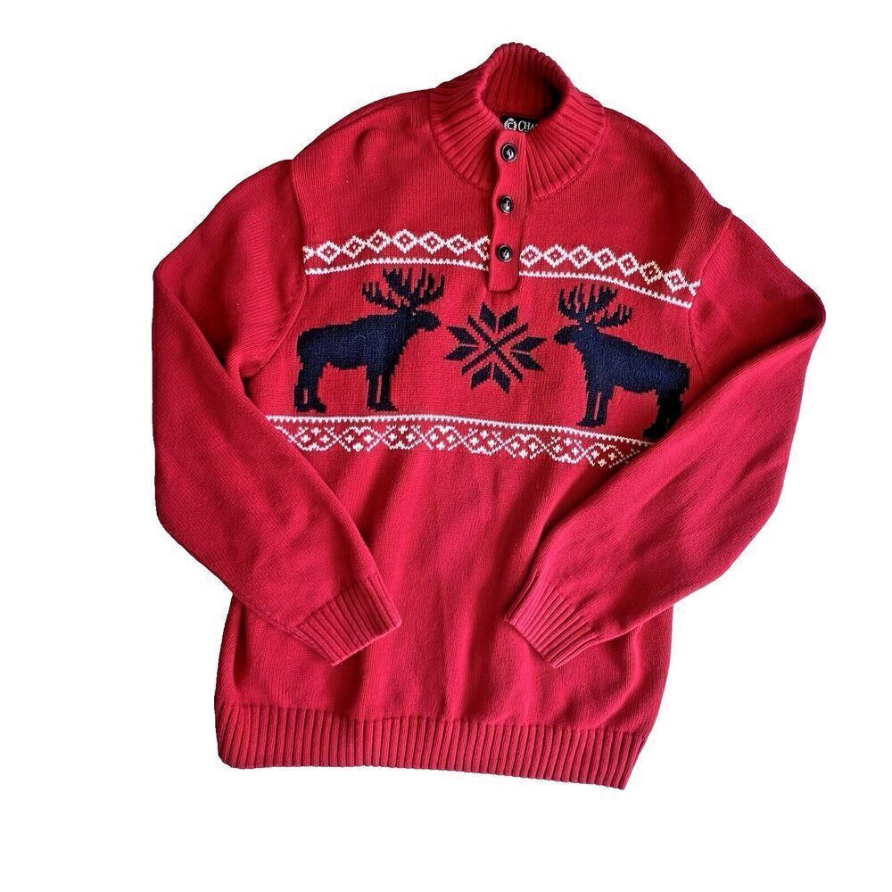 Chaps Men’s Christmas Fair Isle button ugly Sweater Red Black knit  deer Sz L.